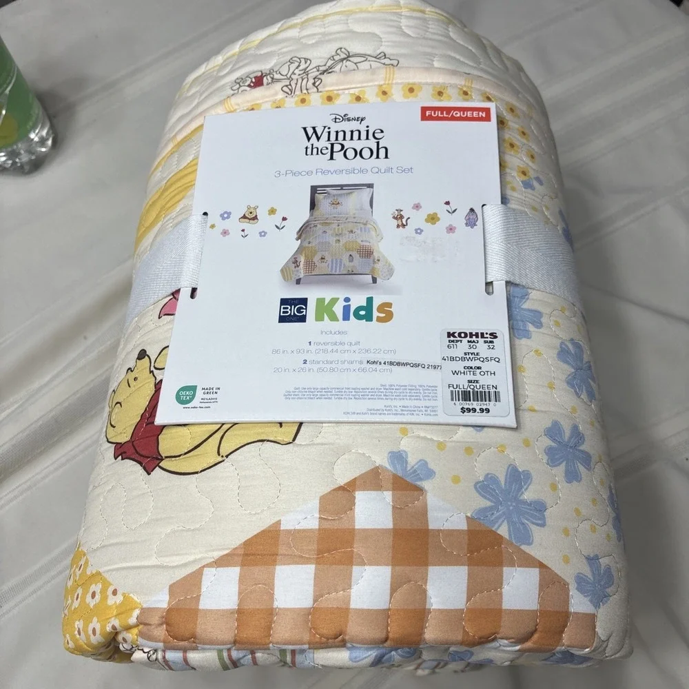 BIG Kids Disney Winnie The Pooh 3 Piece Reversible Quilt Set Full/Queen